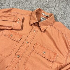 LL Bean Shirt L Orange Chambray‎ Button Front Cotton Workwear Western Casual